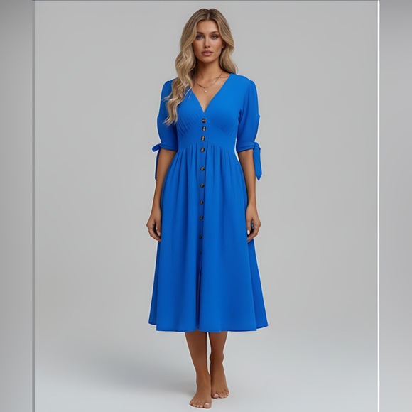 Blue Button Front A-line Cotton Dress - Picture 1 of 6